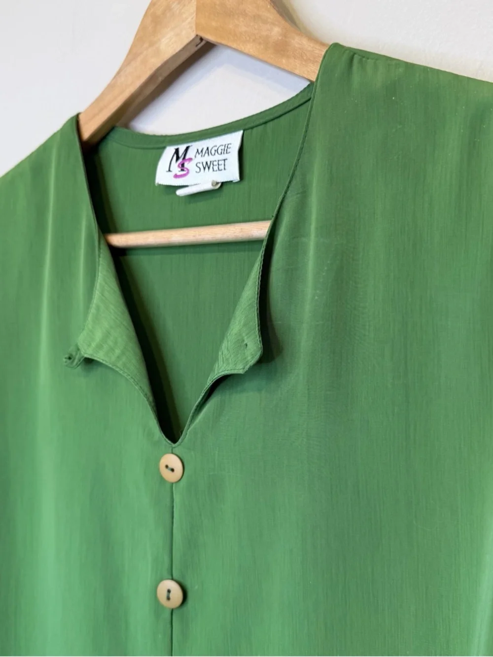 MS | VTG Kelly Green Button Front Long Sleeve Soft Tunic Top Lightweight Blouse - Picture 6 of 11